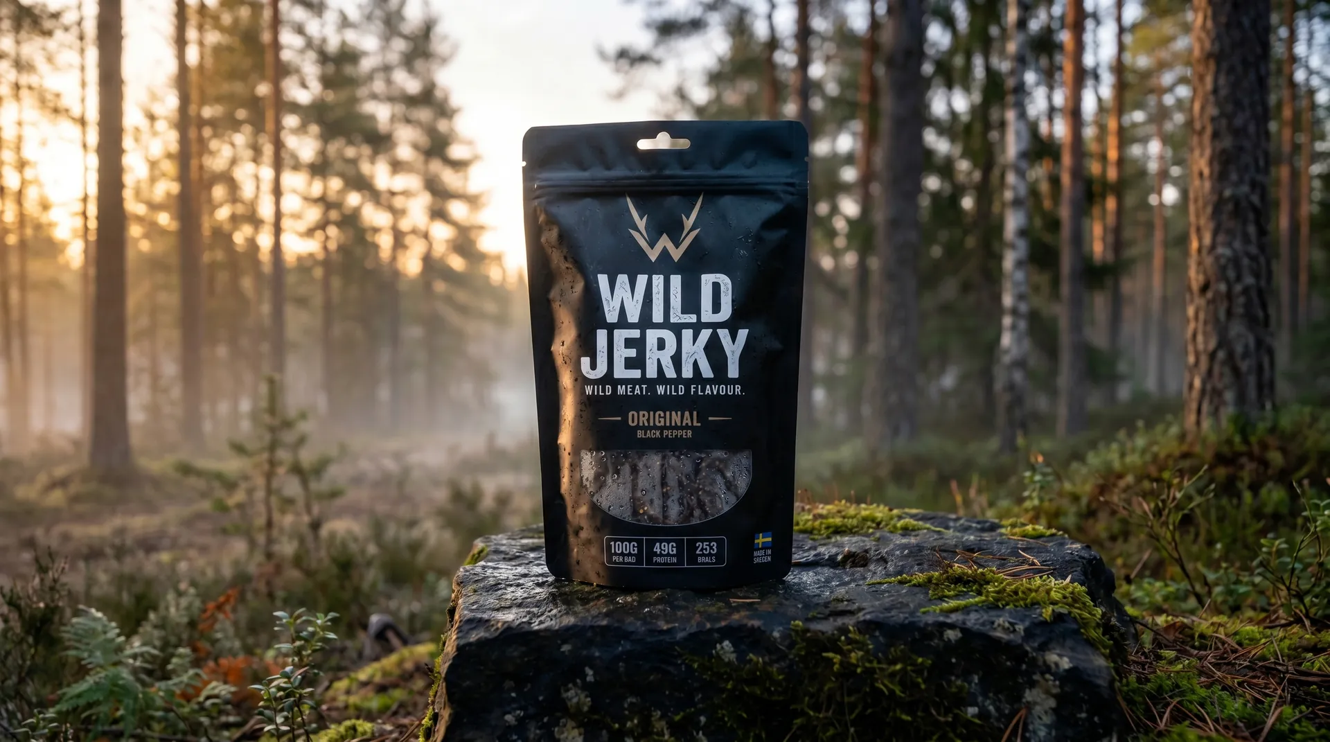 Wild Jerky i skogen på berghäll, morgonljus